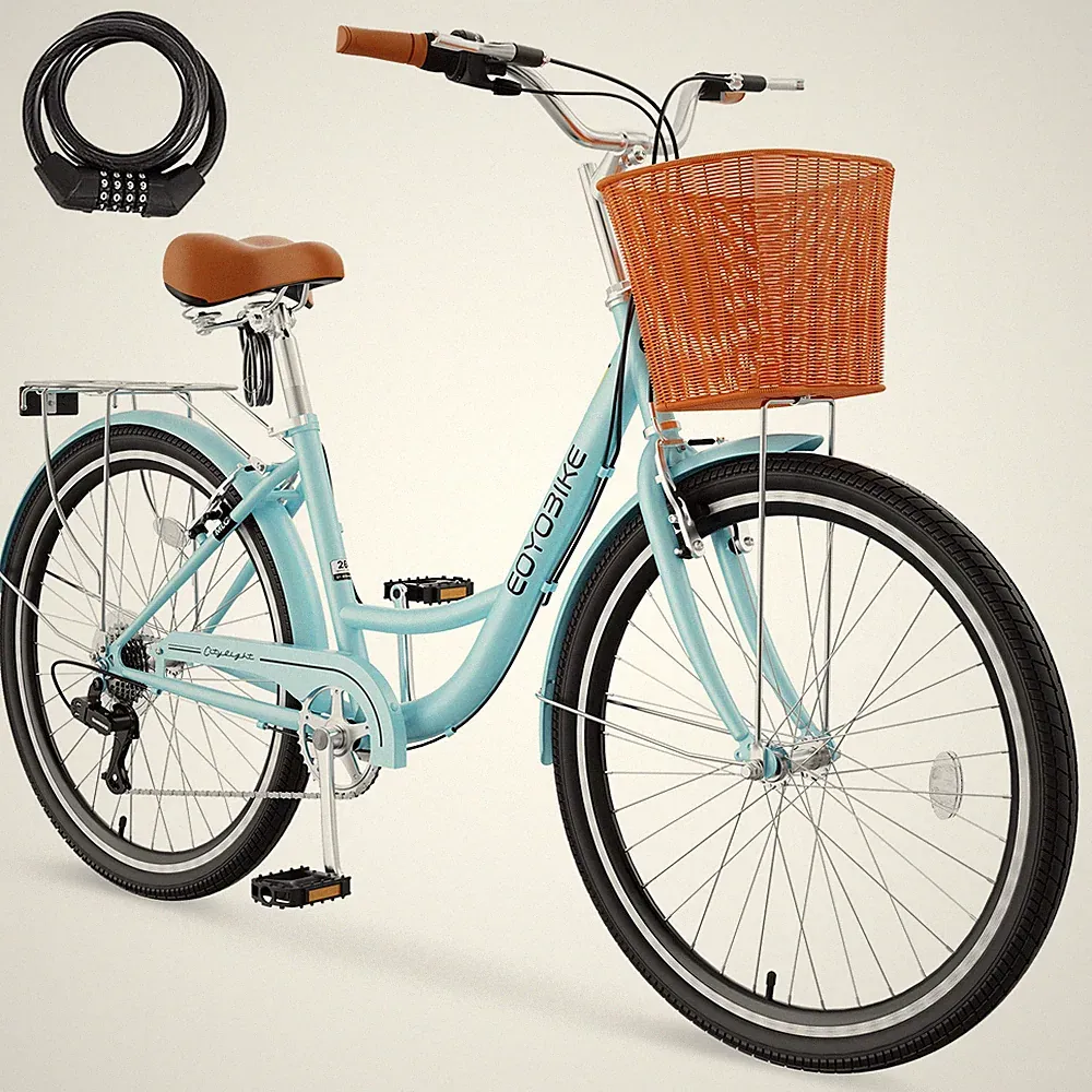 H&ZT Beach Cruiser Bike, 24 inch 7 Speed Beach Bike Commuter Bicycle w/Basket